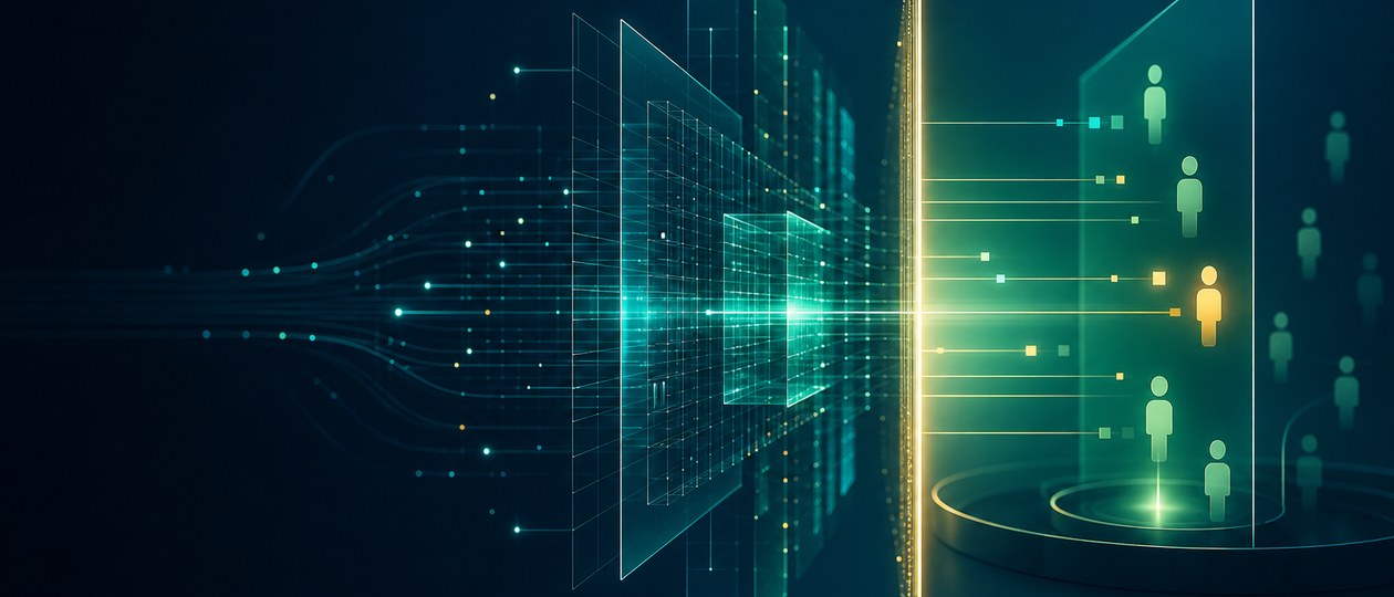 Abstrakte Komposition: präzise architektonische Formen mit menschlichem Kontrollpunkt als Metapher für automation endet vor…