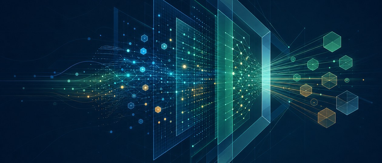 Abstrakte Komposition: feine Knotenpunkte verbinden sich zu einem technischen Signalnetz als Metapher für ki-rollen…