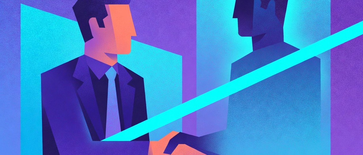 Hands shake zwischen Mensch und digitaler Silhouette — Hybrid aus Urteil und System