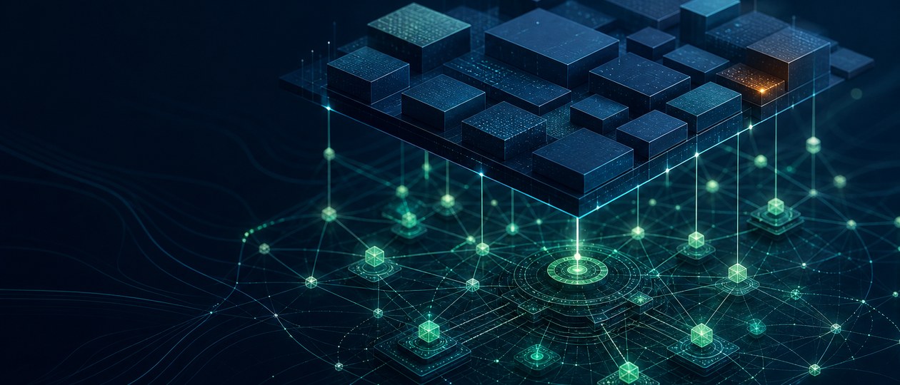 Abstrakte Komposition: feine Knotenpunkte verbinden sich zu einem technischen Signalnetz als Metapher für stack ist kein…