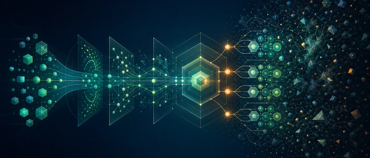 Abstrakte Komposition: verbundene Formen bilden ein gemeinsames Betriebssystem als Metapher für warum externe hilfe oft zu…